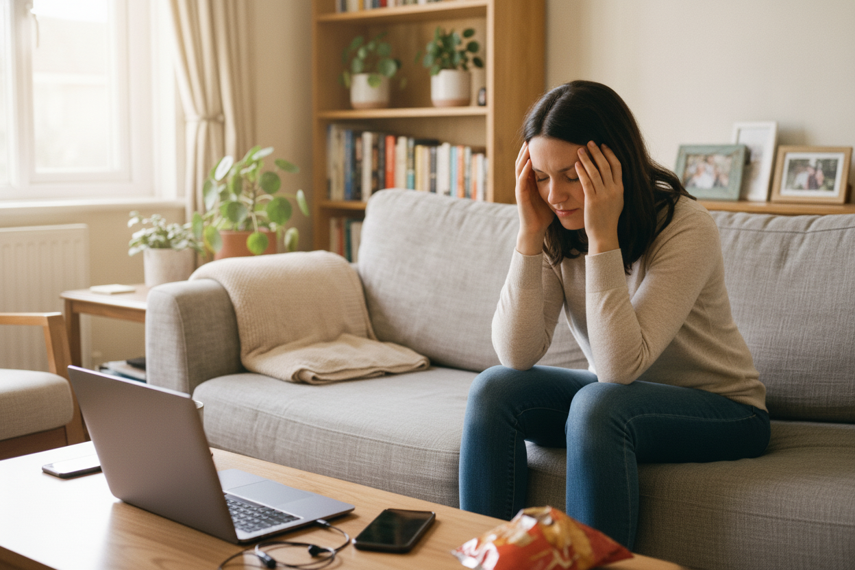 Woman feeling stressed while working from home on sofa with laptop and snacks nearby