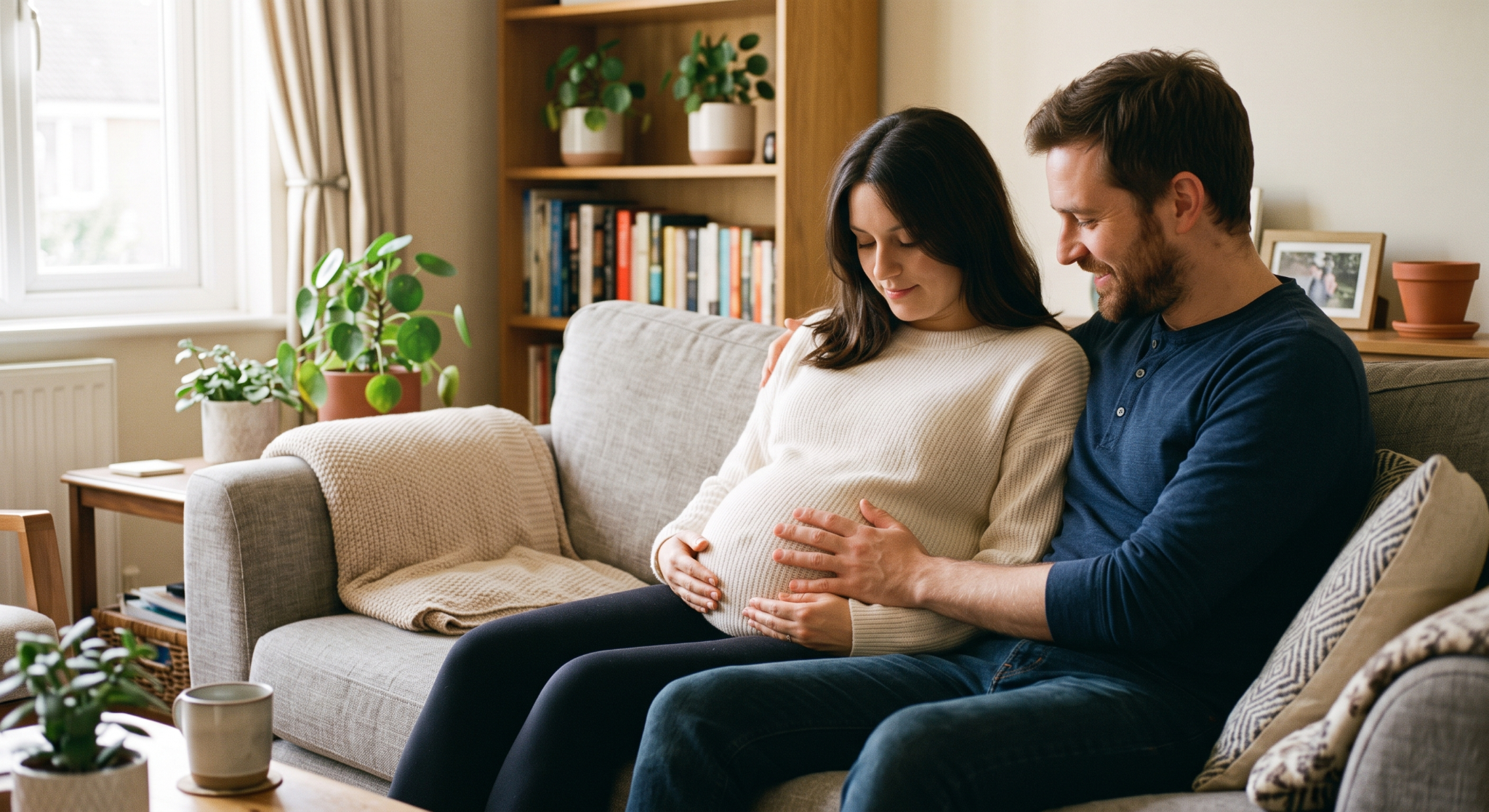Expectant couple sitting on sofa, embracing woman’s pregnant belly, surrounded by plants and books in cosy living room